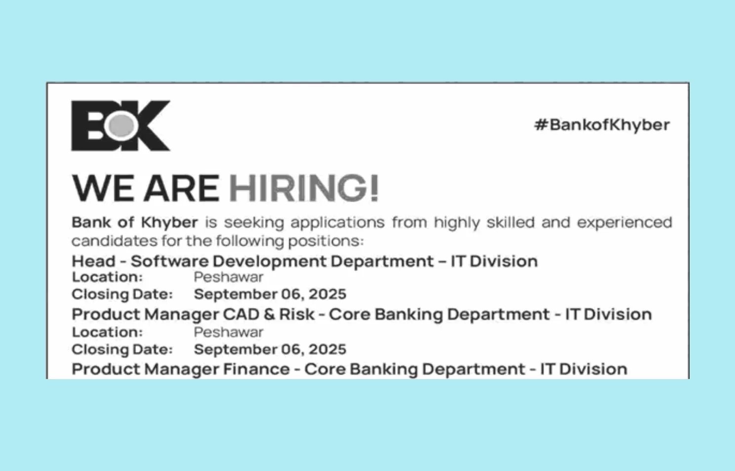 Bank of Khyber Jobs August 2025 September Apply Online Branch Operations Managers & Others BOK Latest